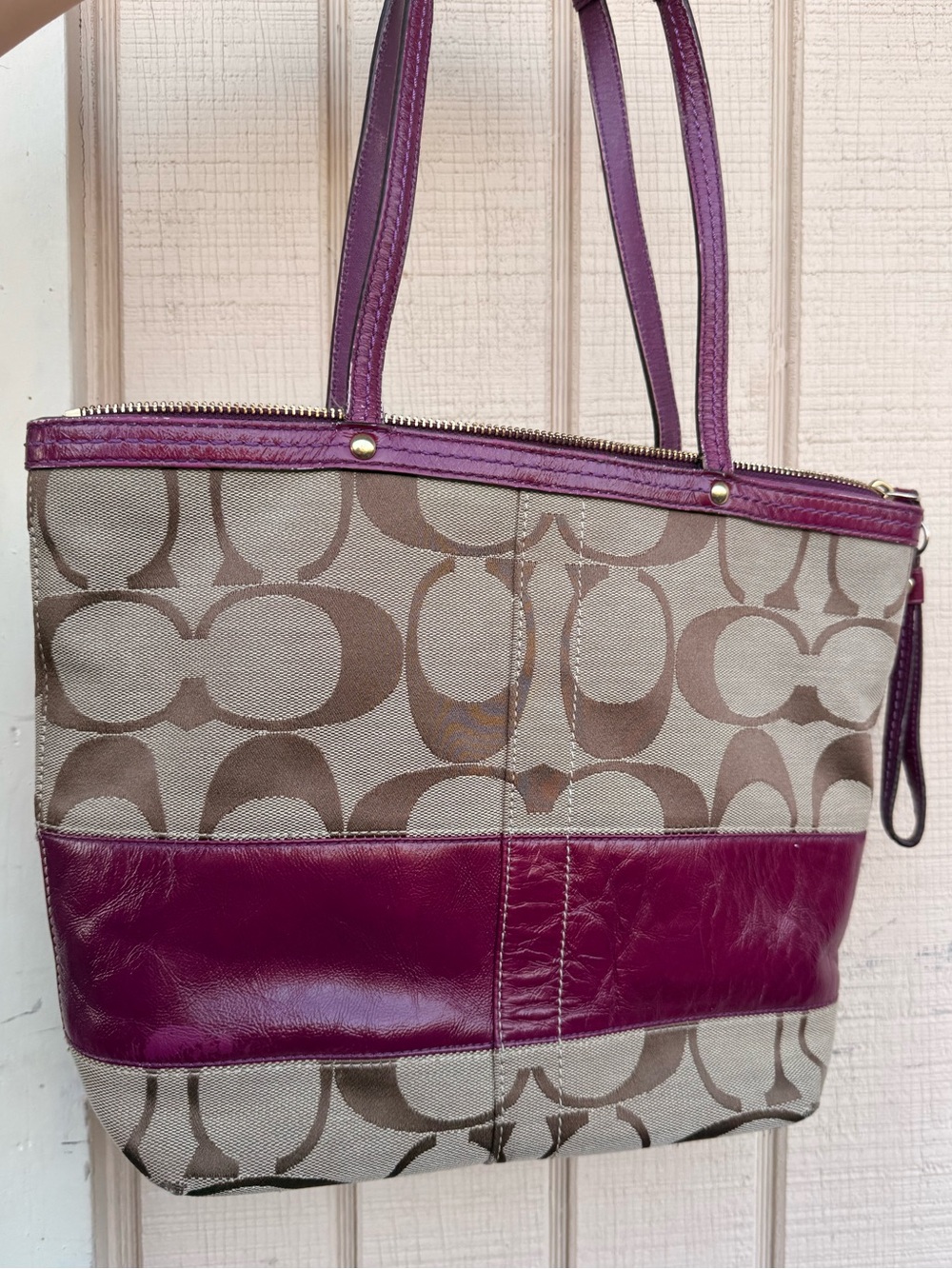 Coach Signature Canvas Tote with Plum Leather Trim